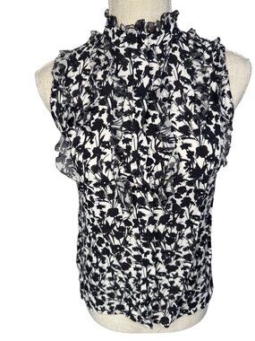 Elle Tahari Black & White Floral Sleeveless Silk Ruffle Blouse S